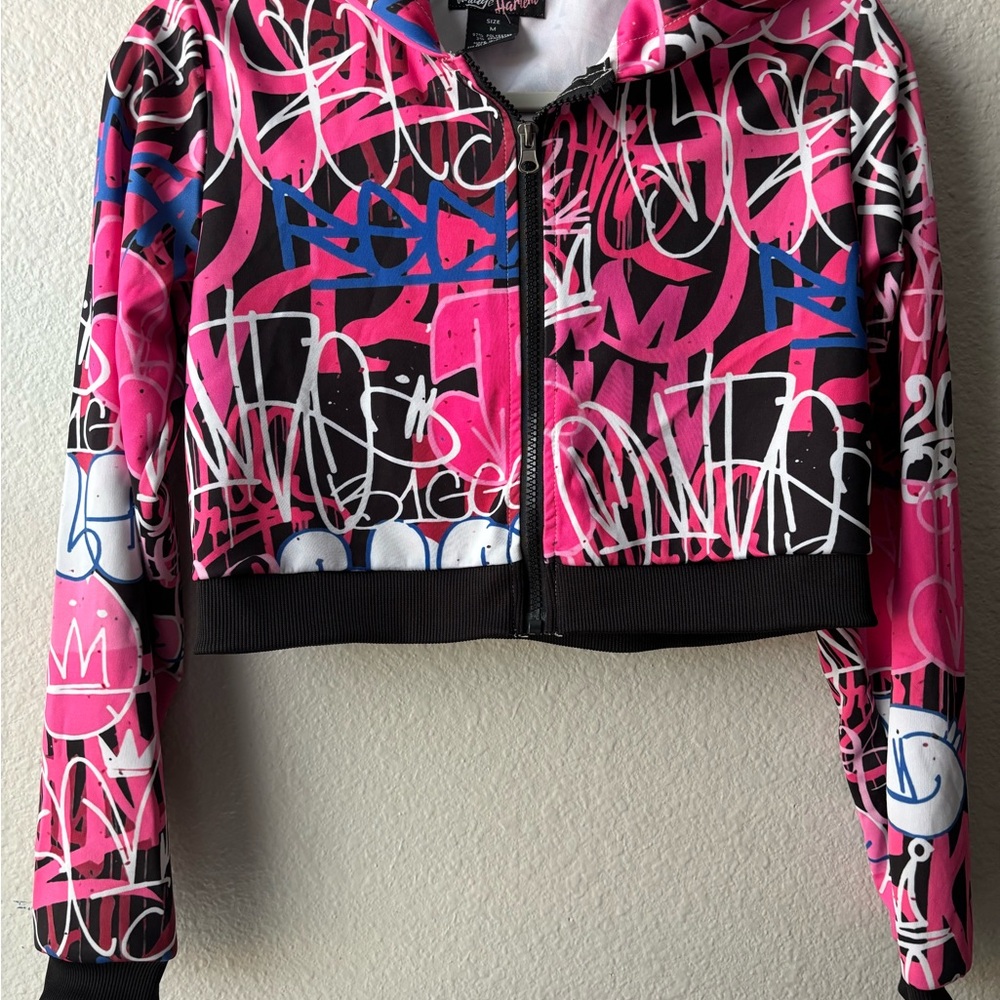 Pink and Black Graphic Hoodie Size M Vintage